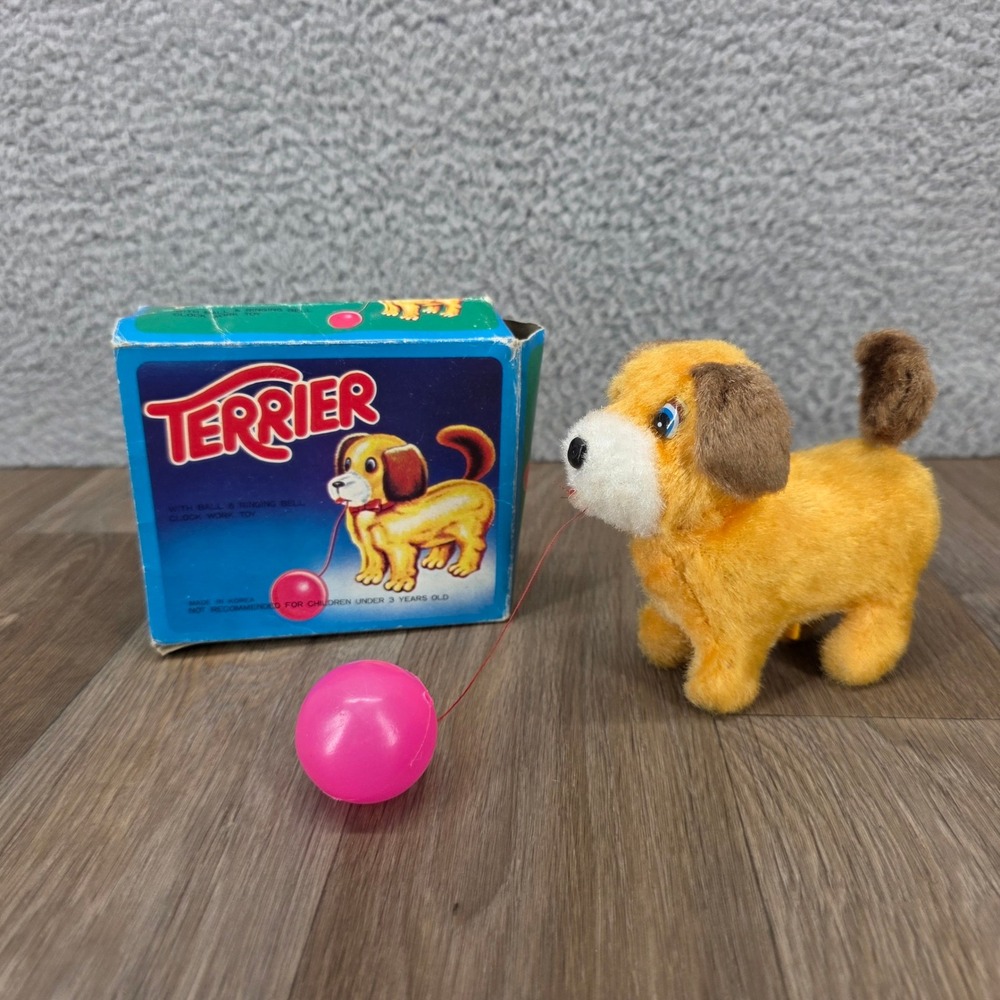 Vintage Wind Up Terrier Dog Plush Clockwork Toy Pink Ball Korea Box Works